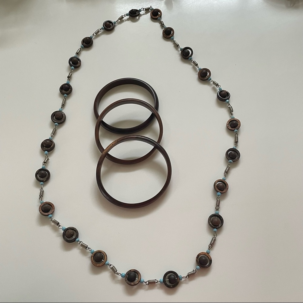 Boho Wood set Necklace and three bracelets Brown wood and Blue beads